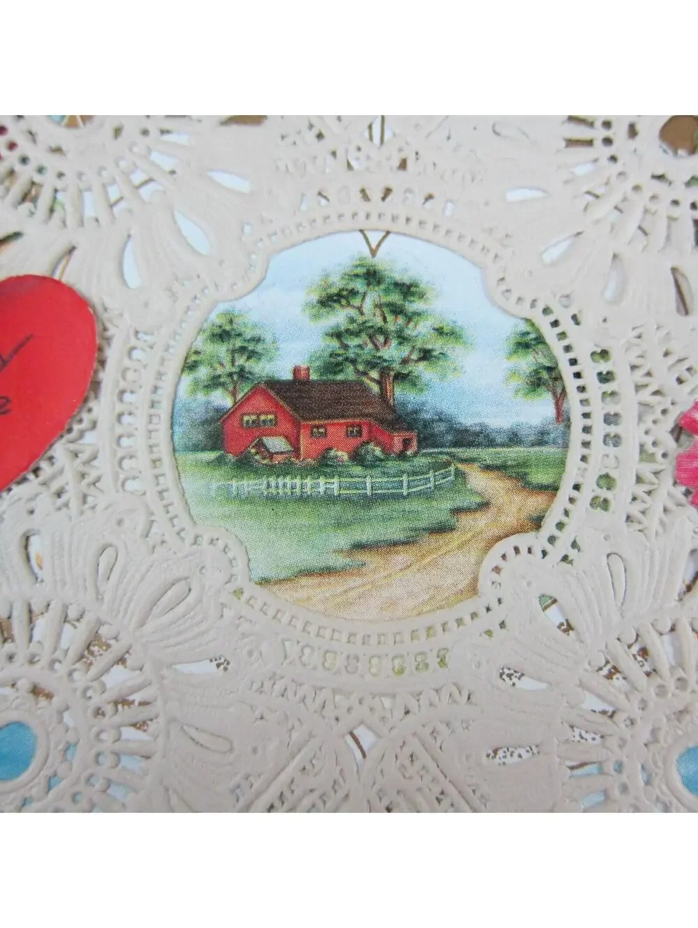 Antique Valentine Die cut Farm House Trees Flowers Gold Embossed Boy Girl Canoe